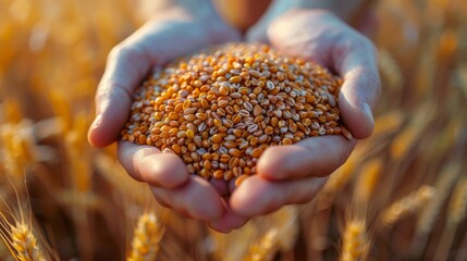 A farmer's hands cradle a handful of golden wheat grains amidst a vast wheat field, symbolizing hard work, agriculture, and the connection between nature and sustenance.