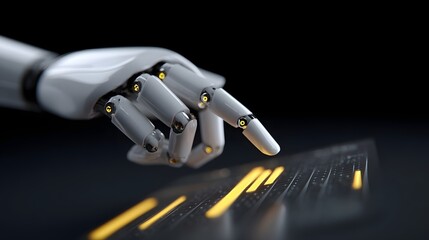 AI-powered robotic hand touching a futuristic digital interface.