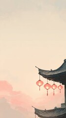 A serene view of lanterns hanging from an elegant pagoda, capturing the essence of cultural heritage and tranquil ambiance.