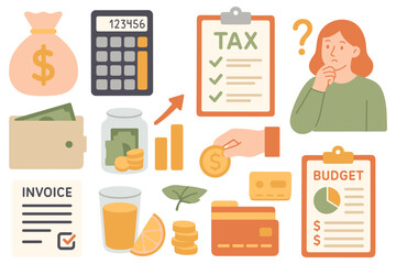 Financial planning vector elements showing money management income taxes budgets investment and savings concept