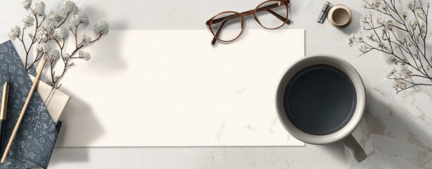 A serene workspace with a cup of coffee, glasses, and stationery, perfect for inspiring creativity and productivity.