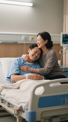 Obraz premium Organ donation success shown through touching embrace between grateful recipient and donor kin in bright hospital room