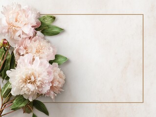 Beautiful peony flowers elegantly arranged on a marble background, perfect for invitations or decorative designs.
