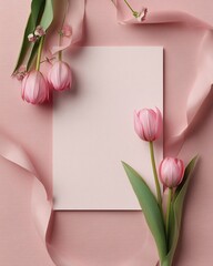 Beautiful pink tulips and ribbons on a soft pink background create a serene and elegant aesthetic, perfect for spring decor.