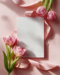 Beautiful pink tulips surround a blank card on a soft pastel background, ideal for cards or spring-themed designs.