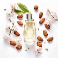 Elegant cosmetic bottle with almond flowers and nuts on white background