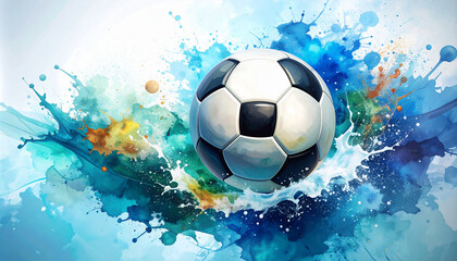 Naklejka premium Dynamic Watercolor Soccer Ball Artistic Football Splash