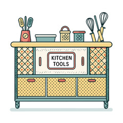 Create a vibrant cartoon illustration of a retro kitchen countertop featuring various labeled jars and containers, emphasizing a playful, vintage aesthetic with a prominent "T" label on one item.