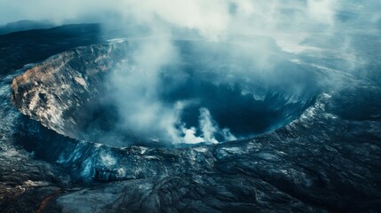 Smoke and volcanic gases rise from the crater of a volcano, creating a dramatic display of geothermal activity and geological forces shaping earth