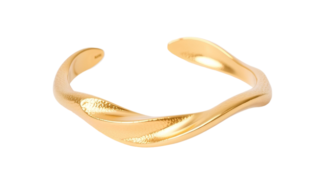 Photo of gold-colored textured and abstractly shaped bracelet with a wavy and fluid design isolated on transparent background.png