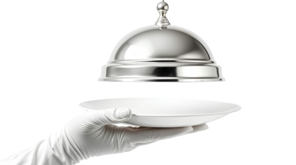 Photo of hand wearing a white glove holding a white plate with a dome-shaped silver serving tray isolated on transparent background.png
