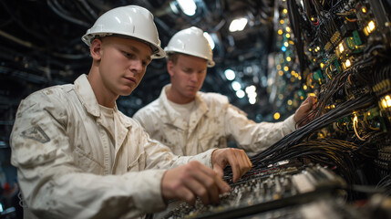 Obraz premium Navy techs wire electronic warfare systems aboard cruiser, control units glowing faintly amid metal bulkheads
