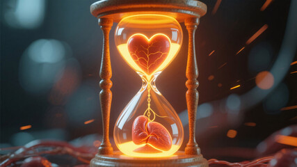 Photo-realistic depiction of organ transplant urgency with a heart encased in an hourglass, highlighting time-critical decisions