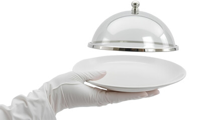 Photo of hand wearing a white glove holding a white plate with a dome-shaped silver serving tray isolated on transparent background.png