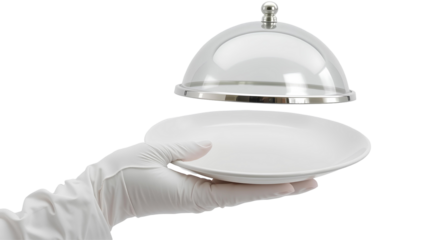 Photo of hand wearing a white glove holding a white plate with a dome-shaped silver serving tray isolated on transparent background.png