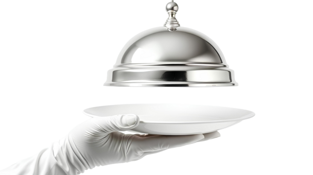 Photo of hand wearing a white glove holding a white plate with a dome-shaped silver serving tray isolated on transparent background.png