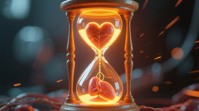 Photo-realistic depiction of organ transplant urgency with a heart encased in an hourglass, highlighting time-critical decisions