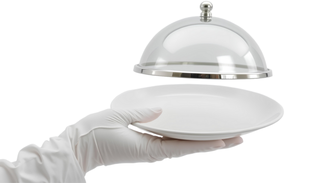 Photo of hand wearing a white glove holding a white plate with a dome-shaped silver serving tray isolated on transparent background.png