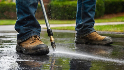 Pressure washing driveway. Close up on water splash and worker in worker boots cleaning driveway with pressure washer.	