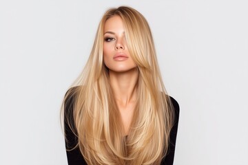 Front portrait of blonde woman with long sleek hair wearing black top on light gray background.