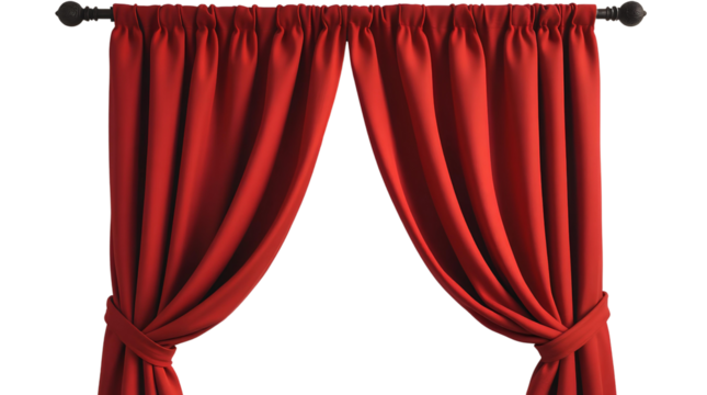Photo of ed curtains hanging from a rod isolated on transparent background.png