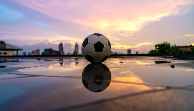 Soccer Ball on Wet Rooftop at Sunset Stunning Cityscape Reflection