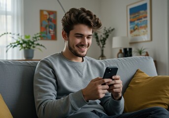 Fototapeta premium A relaxed man lounges on a sofa, scrolling through his phone—capturing a quiet moment of connection, leisure, and digital life.