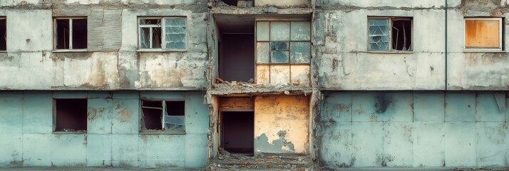 Ruined facade of an apartment building after a devastating earthquake, highlighting the destructive power of seismic waves and the vulnerability of urban infrastructure