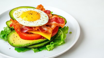 Deliciously Crafted Keto Meal: A culinary creation featuring a sunny-side-up egg, crispy bacon, avocado, and fresh tomato, all arranged on a bed of lettuce, and a slice of cheddar cheese.