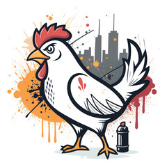 A vibrant chicken graffiti tag on a gritty urban city wall, showcasing street art and contrasting textures.