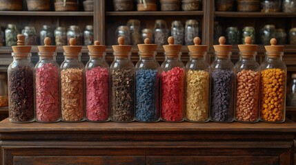  Apothecary’s Assortment: A captivating display of meticulously arranged glass jars filled with a vibrant collection of ingredients, evoking a sense of history and mystery.