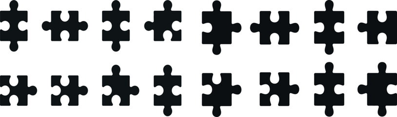Silhouette Collection of Puzzle Piece Icons and Jigsaw Symbols

