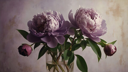 Peonies are summer fragrant flowers. Beautiful floral background with beautiful bokeh effect. Delicate lilac peony buds on a light watercolor background.