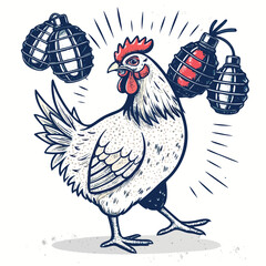 A punk-styled chicken, adorned with studs and mohawk, defiantly holds two eggs aloft like grenades.  Gritty, dark, humorous illustration.