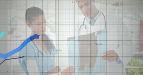 Fist-bumping nurse and doctor showing x-ray and analyzing medical metrics on grid with trend lines - Powered by Adobe