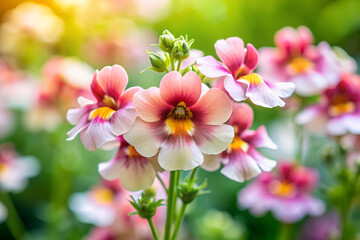 Fototapeta premium Close Up of Pink and White Summer Nemesia Flowers Blooming in Garden Soft Focus Background