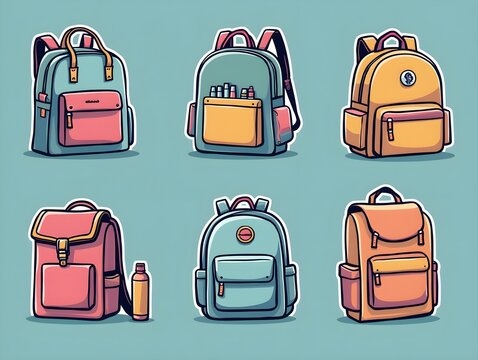 School bag logo set with outline illustration ideal for education brand and student supply themes