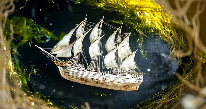 A miniature ship in a bottle, sailing on a dreamy sea, seen through a circular frame.