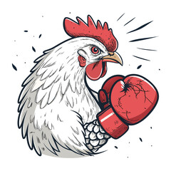 A battered, bruised chicken wearing boxing gloves, comical yet slightly menacing expression, showcasing a humorous contrast.