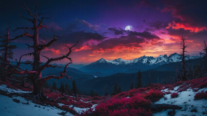 fantasy night landscape with moon behind clouds, red sky, dry tree, red flowers, snow and mountains