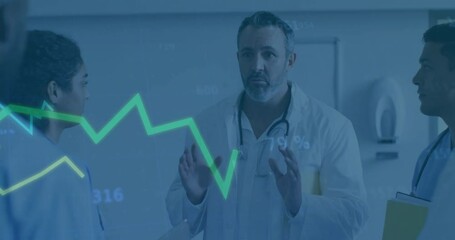 Doctor starting explanation during medical briefing, showing floating patient metrics with graphs - Powered by Adobe