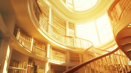 Fototapeta premium Sunlit Spiral Staircase in a Grand Library