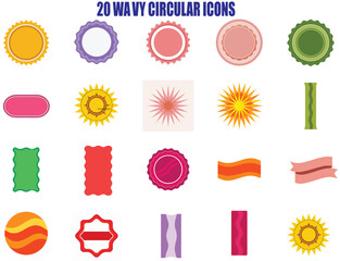 Twenty wavy vector designs circular spiky and badge shapes isolated on white background