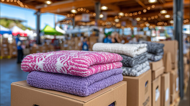 Brightly colored fleece blankets neatly folded atop large cardboard boxes in spacious warehouse, natural light streaming through windows, volunteers moving in background, vibrant s