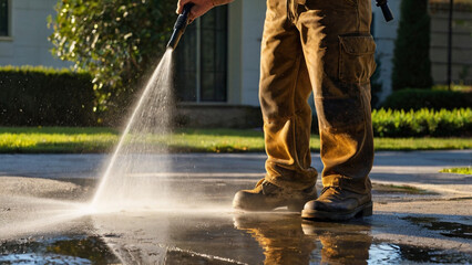 Pressure washing driveway. Close up on water splash and worker in worker boots cleaning driveway with pressure washer.	
