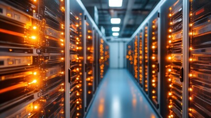 An impressive view of a high-tech data center featuring rows of illuminated server racks, showcasing the power of technology and data management in a modern environment.