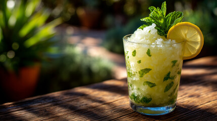 Icy mint lemonade slush served in a tall, frosted glass with condensation glistening in sunlight, topped with fresh lemon wedge and vibrant mint sprig, sitting on rustic wooden tab