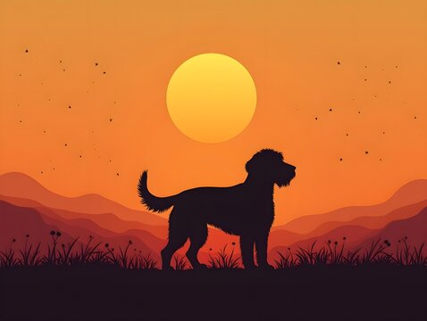 Spinone Italiano Dog Silhouette in a Warm Sunset Retro Landscape