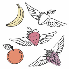 Whimsical fruits with wings illustrations on white background
