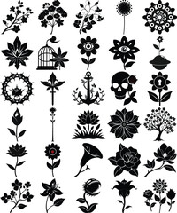 Assorted Black Silhouette Collection Flowers, Plants, Anchor, Skull, Birdcage, Celestial, And More Decorative Designs